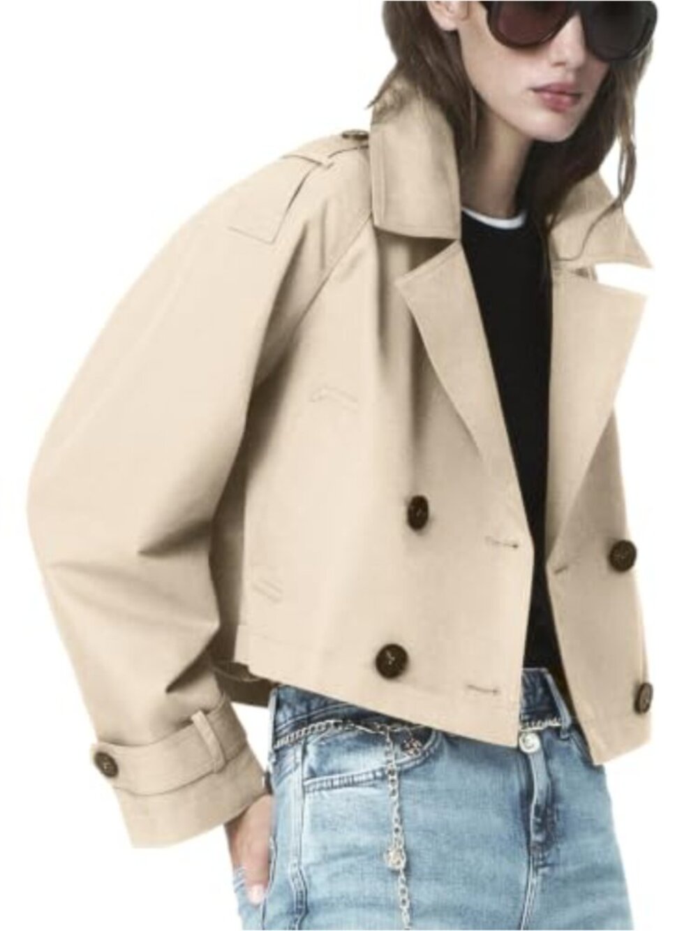 Women's Cropped Trench Coat Windproof Button Jacket